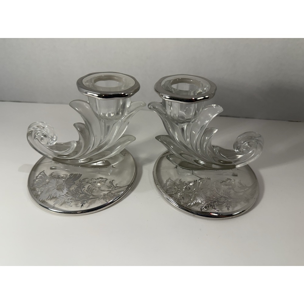 Vtg‎ Fostoria Candle Stick Holders Pair Clear Art Glass w/ Silver Floral Overlay